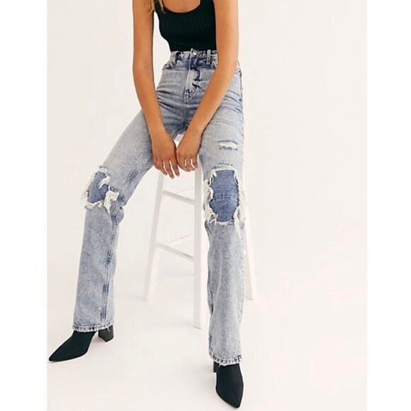Free People High Rise Distressed Blue Acid Wash Style Jeans 31 - Picture 1 of 14
